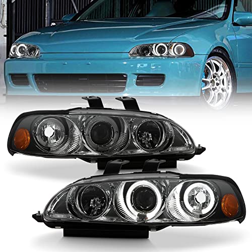 ACANII - For 1992-1995 Honda Civic Coupe|Hatchback LED Halo Ring Smoke Projector Headlights Headlamps, Driver & Passenge